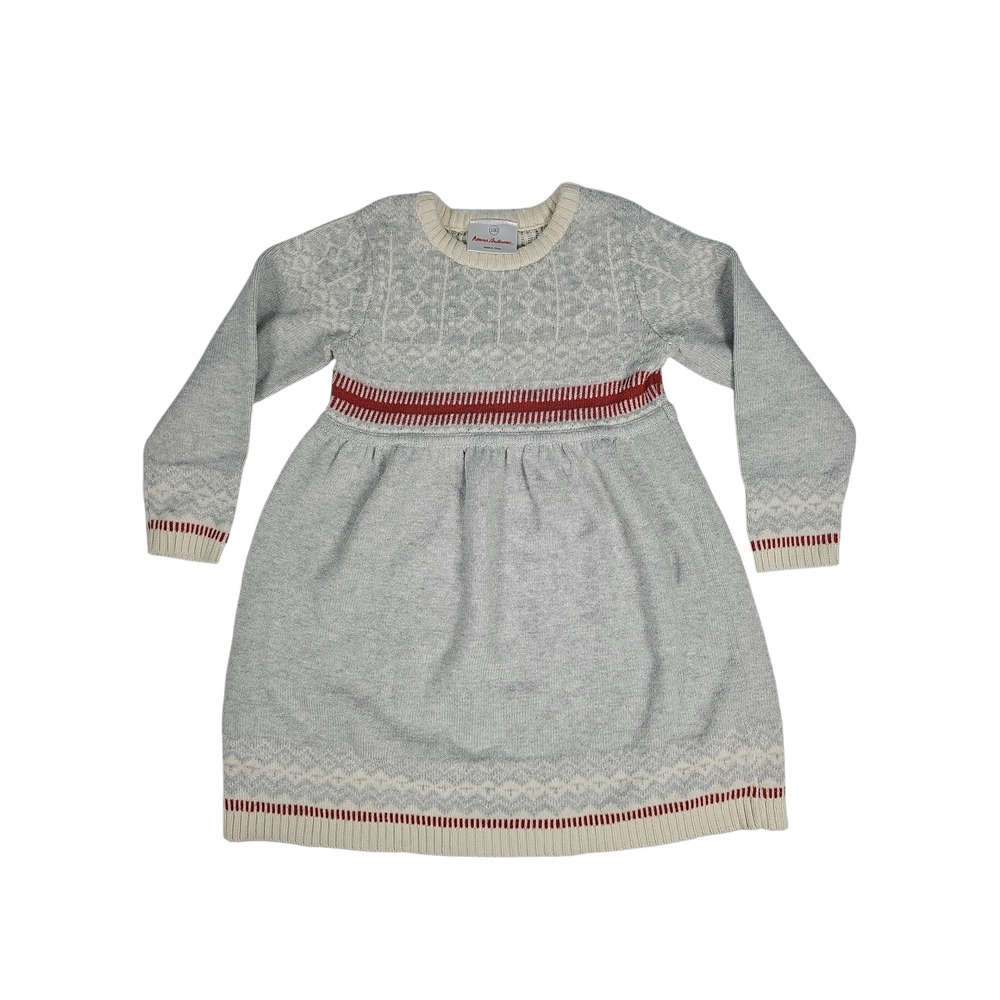 Hanna Andersson Sweater Dress Fair Isle Knit Grey Red Kids 100 (US 4)